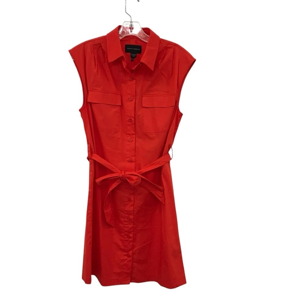Donna Morgan Sleeveless Button Front Shirt Dress Sz6 Red Belted Preppy